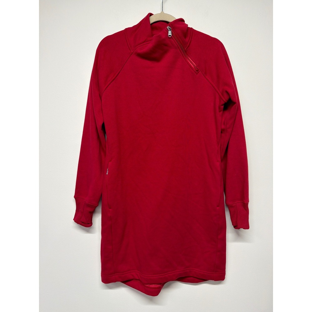 Athleta Cozy Karma Asym Sweatshirt Dress Red Mock Neck Zip Pockets Small